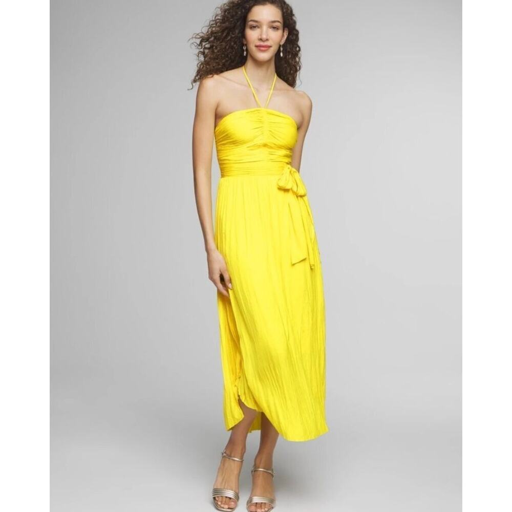 New! White House Black Market Strapless Pleated Tie-Waist Dress yellow, size 4